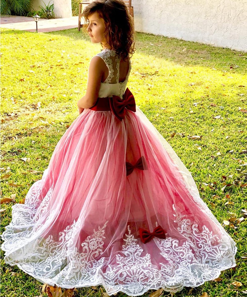 WDE Princess Burgundy Long Girls Pageant Dresses Kids Prom Puffy Tulle Ball Gown US 12 - Image 4